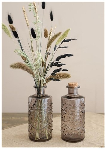 Gekleurd glazen fles Berlin Soft Grey / stuk Grotere fles ook voor olielamp bottle Ø9cm  h. 21 cm