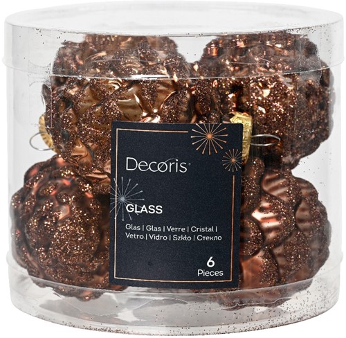 Hangers dennenappelvorm Glas Espresso 5*7 cm koker 6 st Chique Hangers kerst herfst