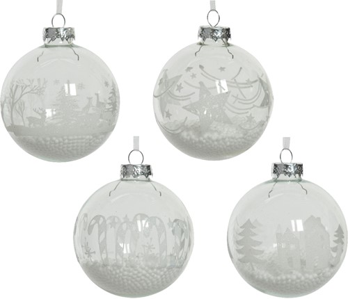 Kerstballen van Glas Transparant Kerstprint Snowflake etc  8 cm / per doos 12 stuks Gevuld met sneeuw