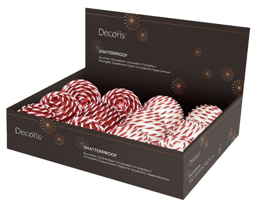 Kerstballen 8 cm Rood-Wit Candy cane motief set van 2