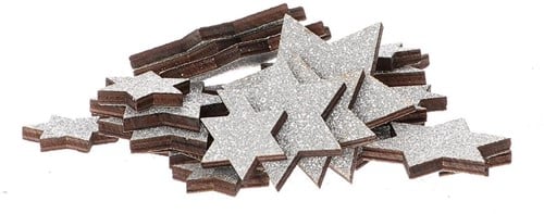 Houten deco Lasercut Sterren Zilver Glitter 3 maten 24 stuks