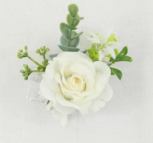 Luxe Polscorsage Zijden bloemen Wit Groen kant en klaar elastisch