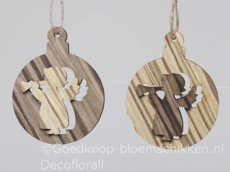 Hangers houten ballen Engelen 2D Naturel 8 cm set van 2 stuks