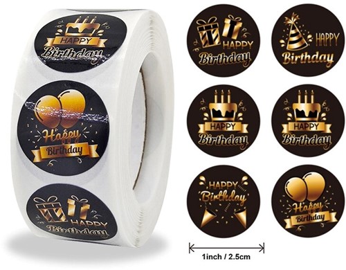 Sluitstickers Happy birthday zwart goud rond etiket 2,5 cm rol 500 labels