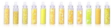 Glitters en steentjes epoxy set 12 buisjes Geel figuurtjes voor resin, nagels, decoratie, makeup, schilderen