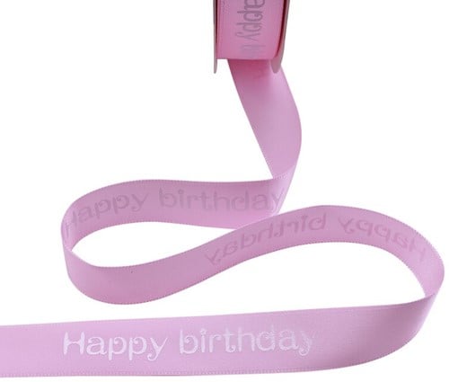 [A-019844] Satijnlint bedrukt Happy Birthday Pink 1 5 meter