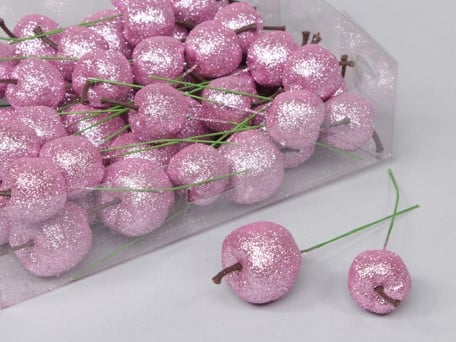 [A-012740] Appeltjes Roze glitter op draad 25–35 mm ca. 48 stuks