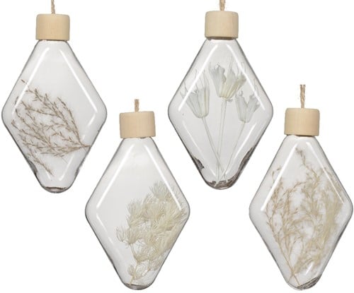[A-027075] Ornamenten transparant met droogbloemen 7x3x14 cm set 4 stuks