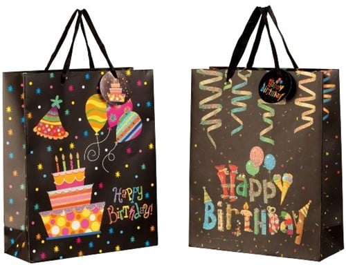 [A-023572] Geschenktasje Happy Birthday met glitter 26x32x10 cm 2 assorti stuks