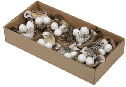 [A-025288] Vogelnestjes met 1 vogel en 2 eitjes 6 cm doos 8 stuks