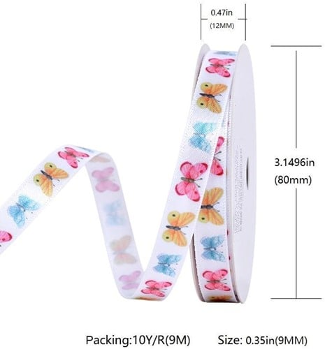 [A-025742] Bedrukt lint Vlinders Regenboog 12 mm rol 9 meter